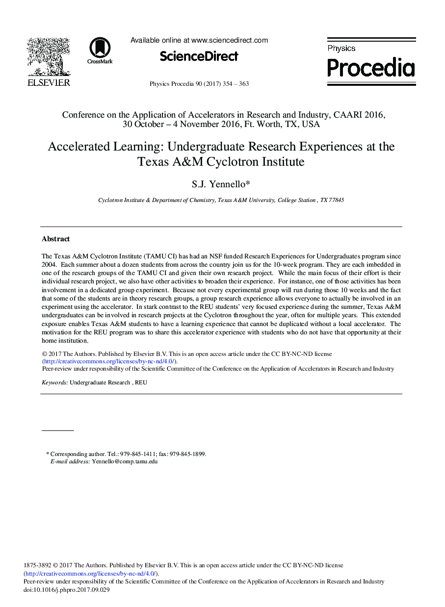 Accelerated Learning: Undergraduate Research Experiences at the Texas A&M Cyclotron Institute