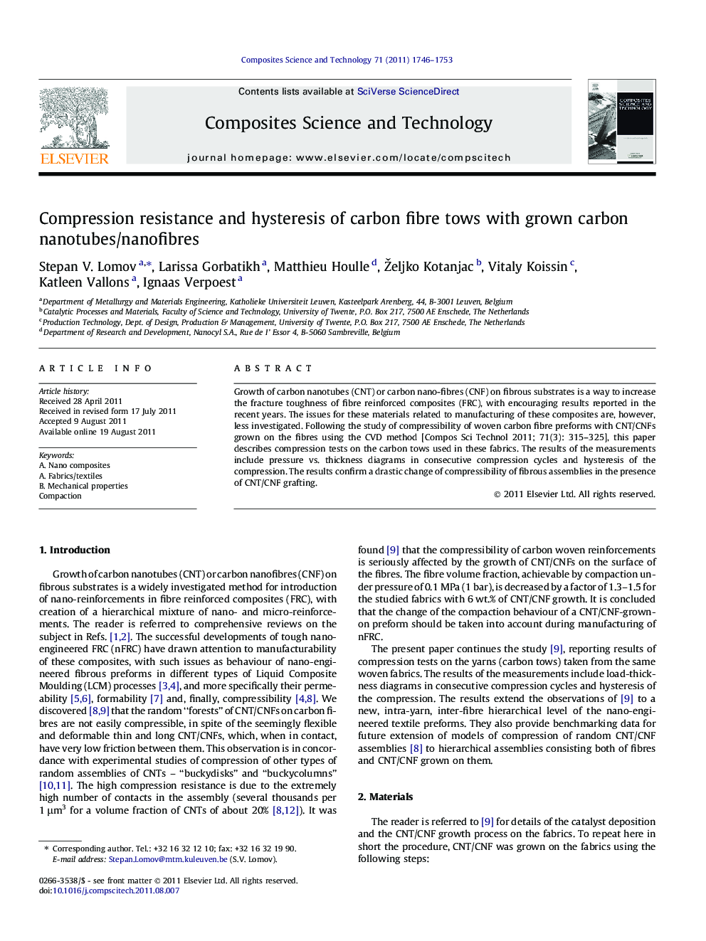 Compression resistance and hysteresis of carbon fibre tows with grown carbon nanotubes/nanofibres