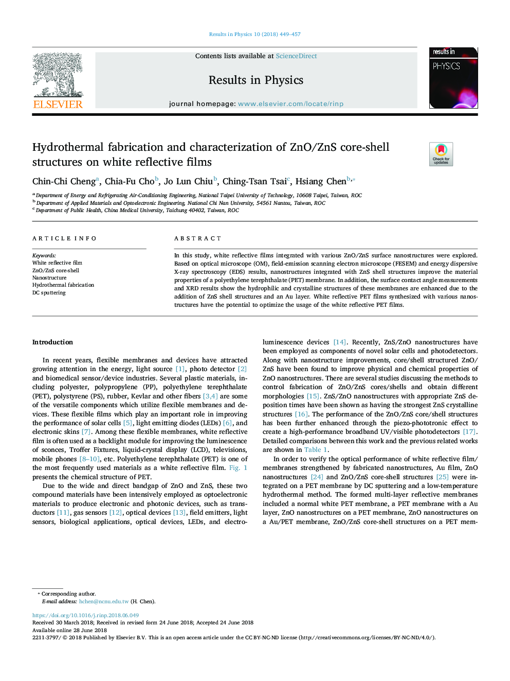 Hydrothermal fabrication and characterization of ZnO/ZnS core-shell structures on white reflective films