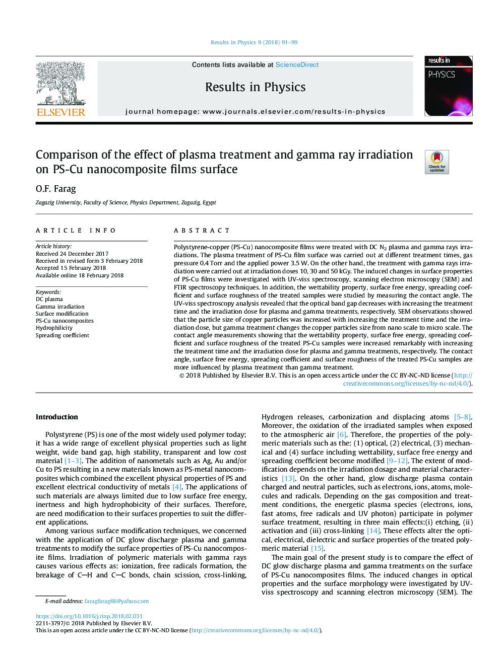 Comparison of the effect of plasma treatment and gamma ray irradiation on PS-Cu nanocomposite films surface