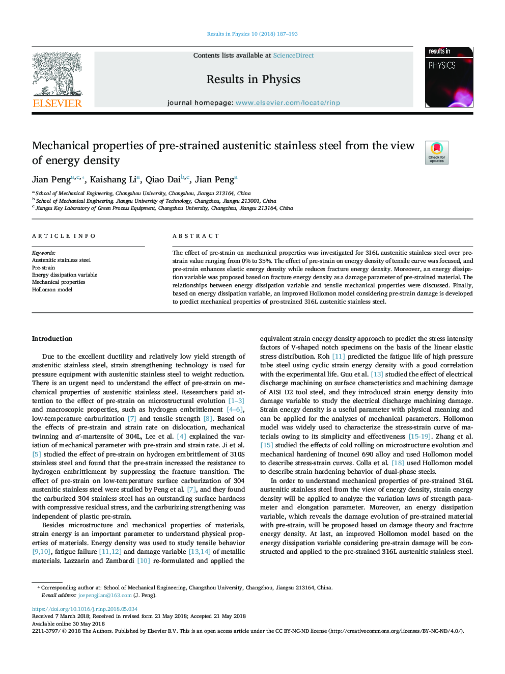 Mechanical properties of pre-strained austenitic stainless steel from the view of energy density