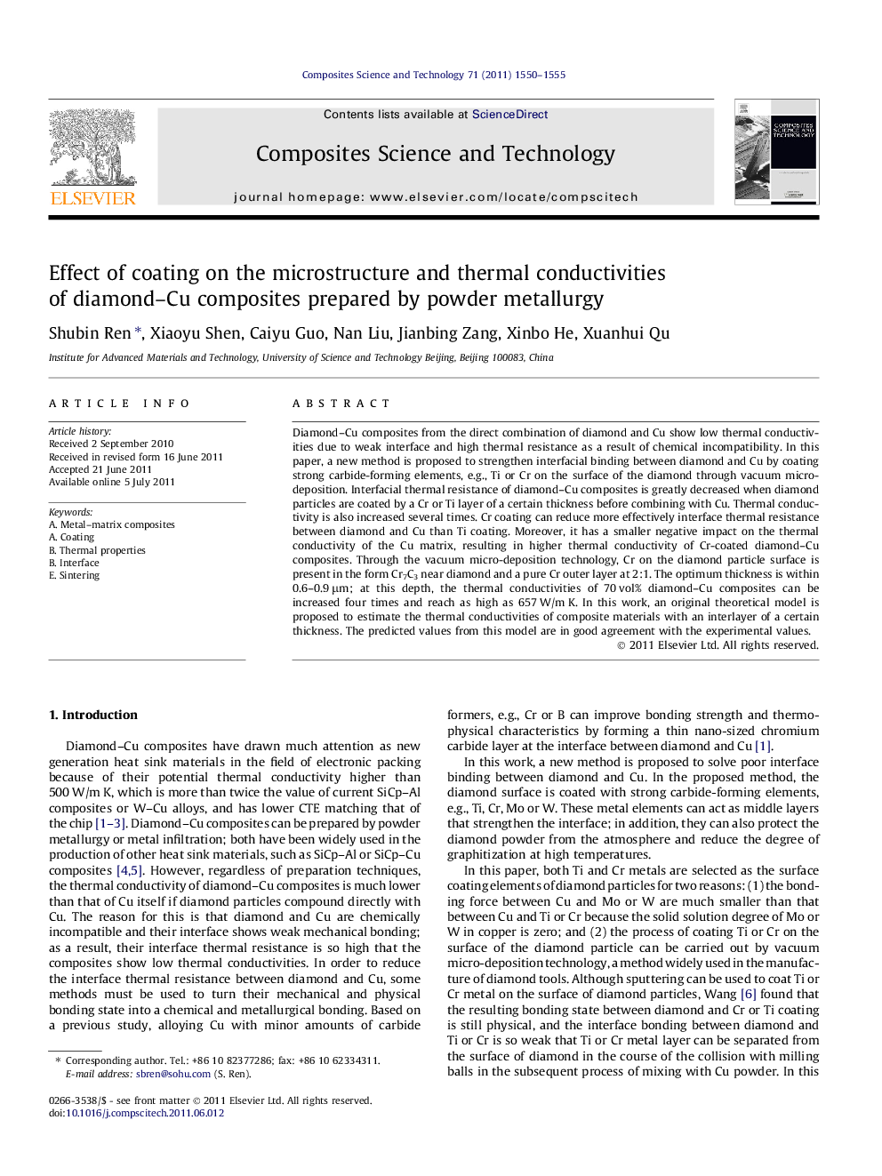 Effect of coating on the microstructure and thermal conductivities of diamond–Cu composites prepared by powder metallurgy