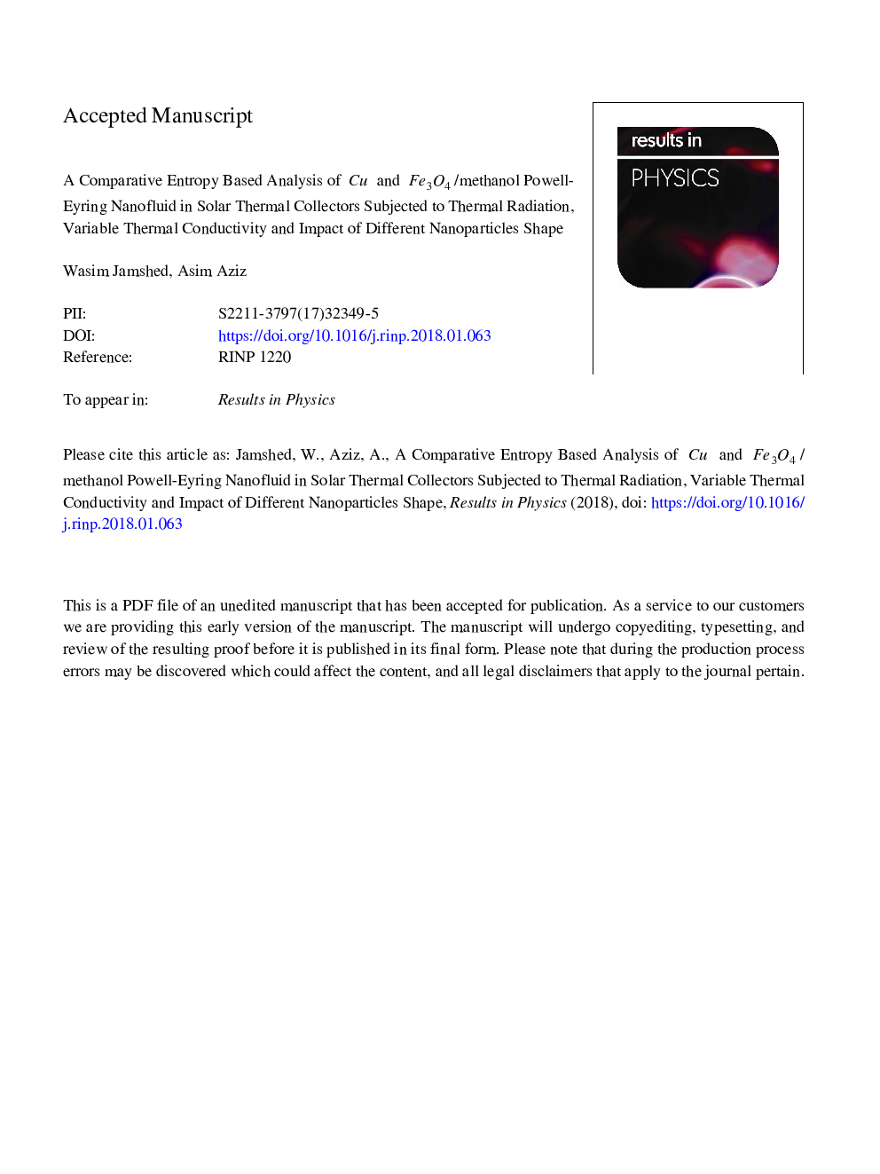 A comparative entropy based analysis of Cu and Fe3O4/methanol Powell-Eyring nanofluid in solar thermal collectors subjected to thermal radiation, variable thermal conductivity and impact of different nanoparticles shape