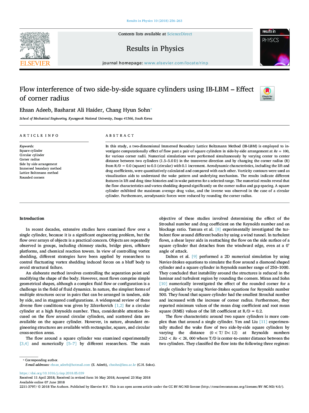 Flow interference of two side-by-side square cylinders using IB-LBM - Effect of corner radius