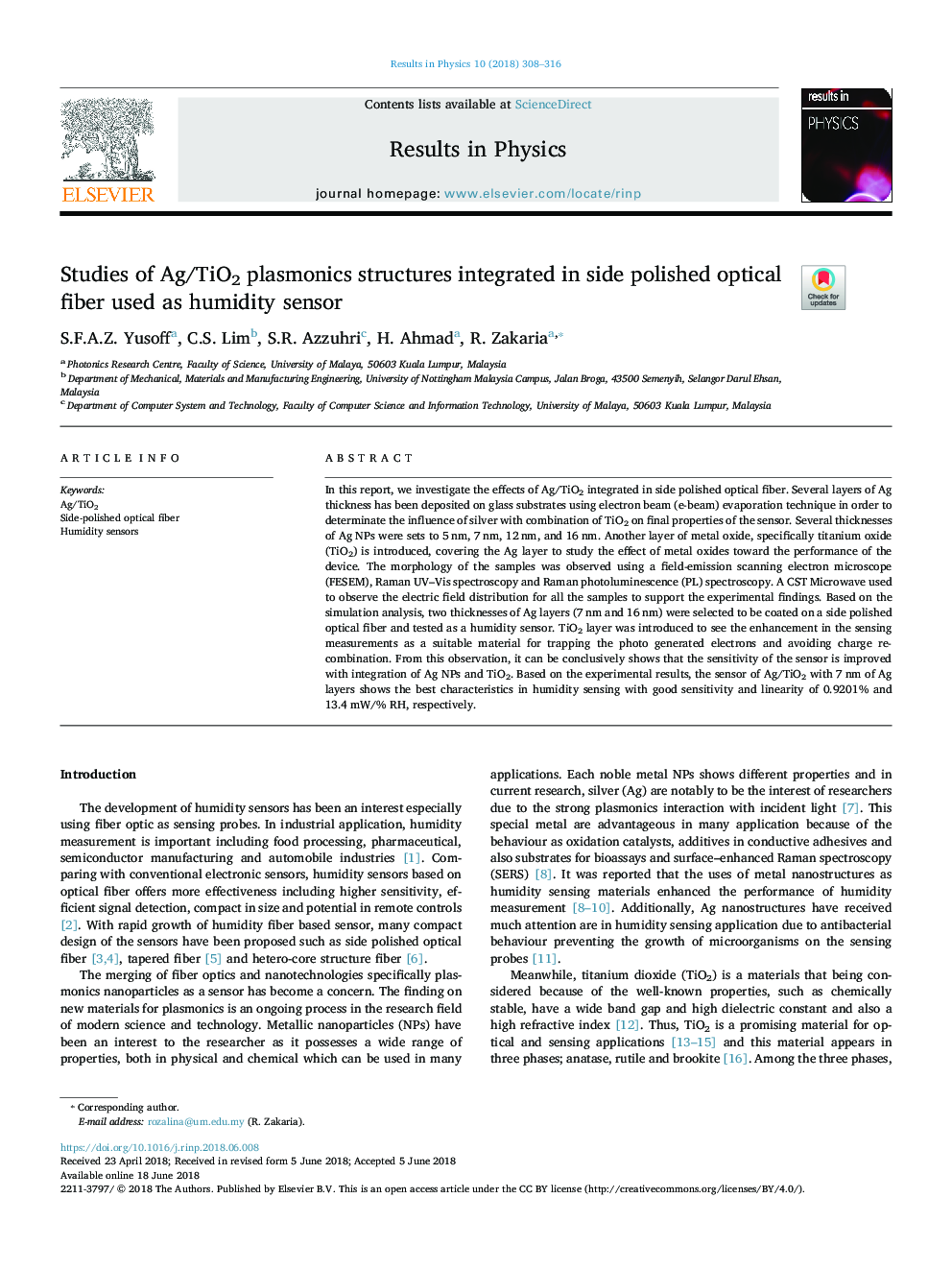 Studies of Ag/TiO2 plasmonics structures integrated in side polished optical fiber used as humidity sensor