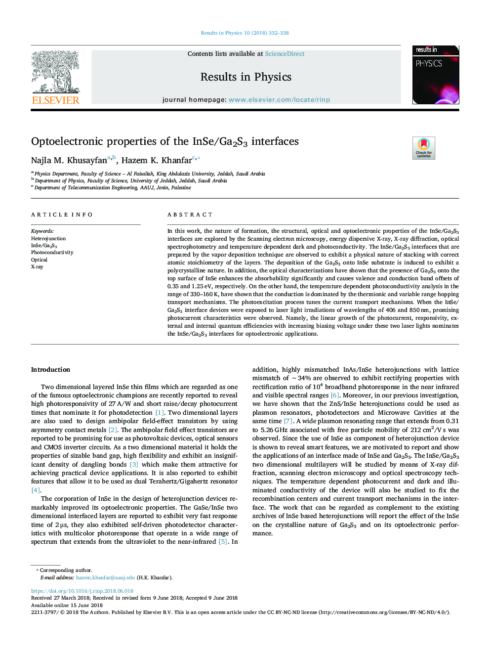 Optoelectronic properties of the InSe/Ga2S3 interfaces