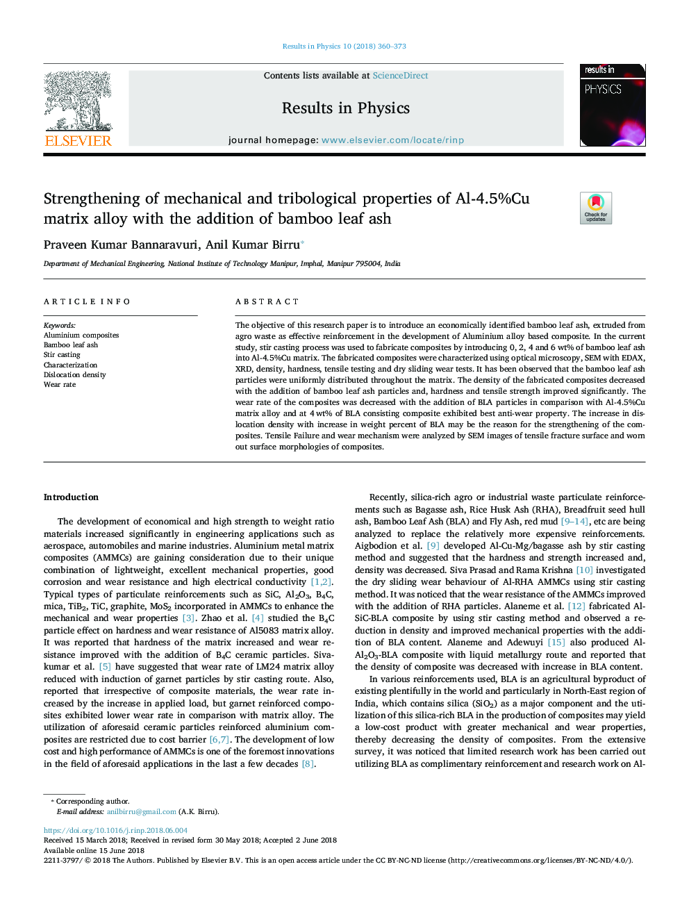 Strengthening of mechanical and tribological properties of Al-4.5%Cu matrix alloy with the addition of bamboo leaf ash