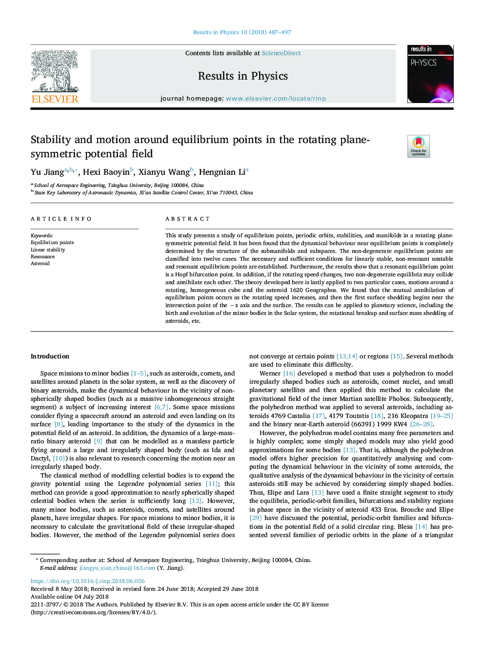 Stability and motion around equilibrium points in the rotating plane-symmetric potential field