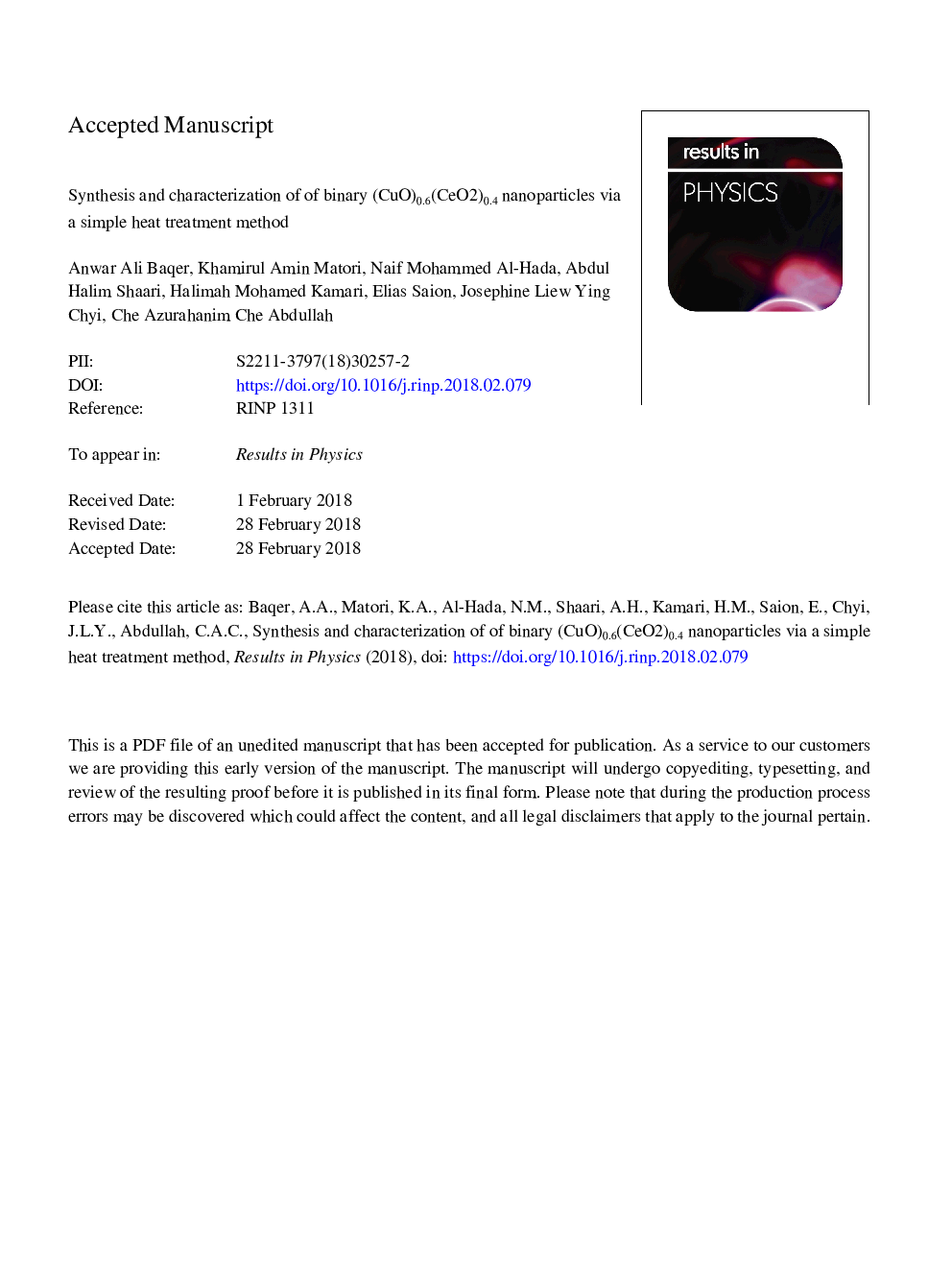 Synthesis and characterization of binary (CuO)0.6(CeO2)0.4 nanoparticles via a simple heat treatment method