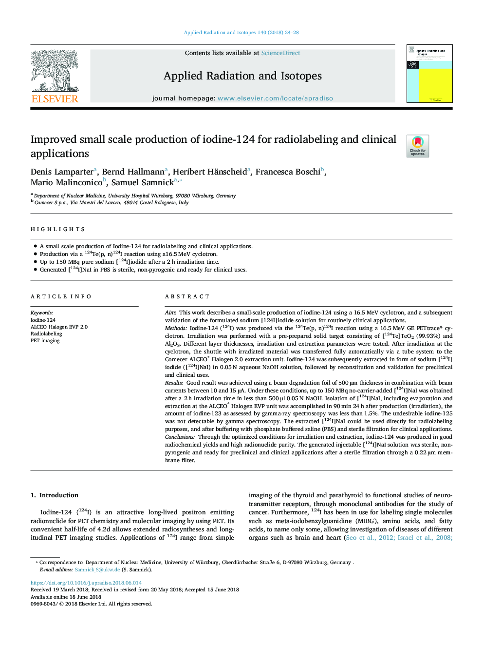 Improved small scale production of iodine-124 for radiolabeling and clinical applications