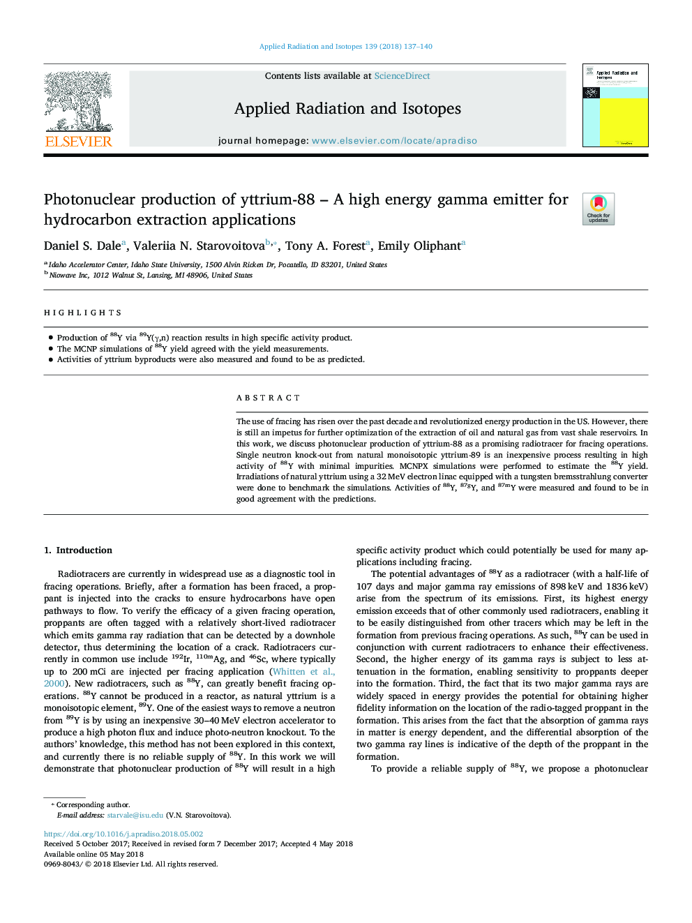 Photonuclear production of yttrium-88 - A high energy gamma emitter for hydrocarbon extraction applications