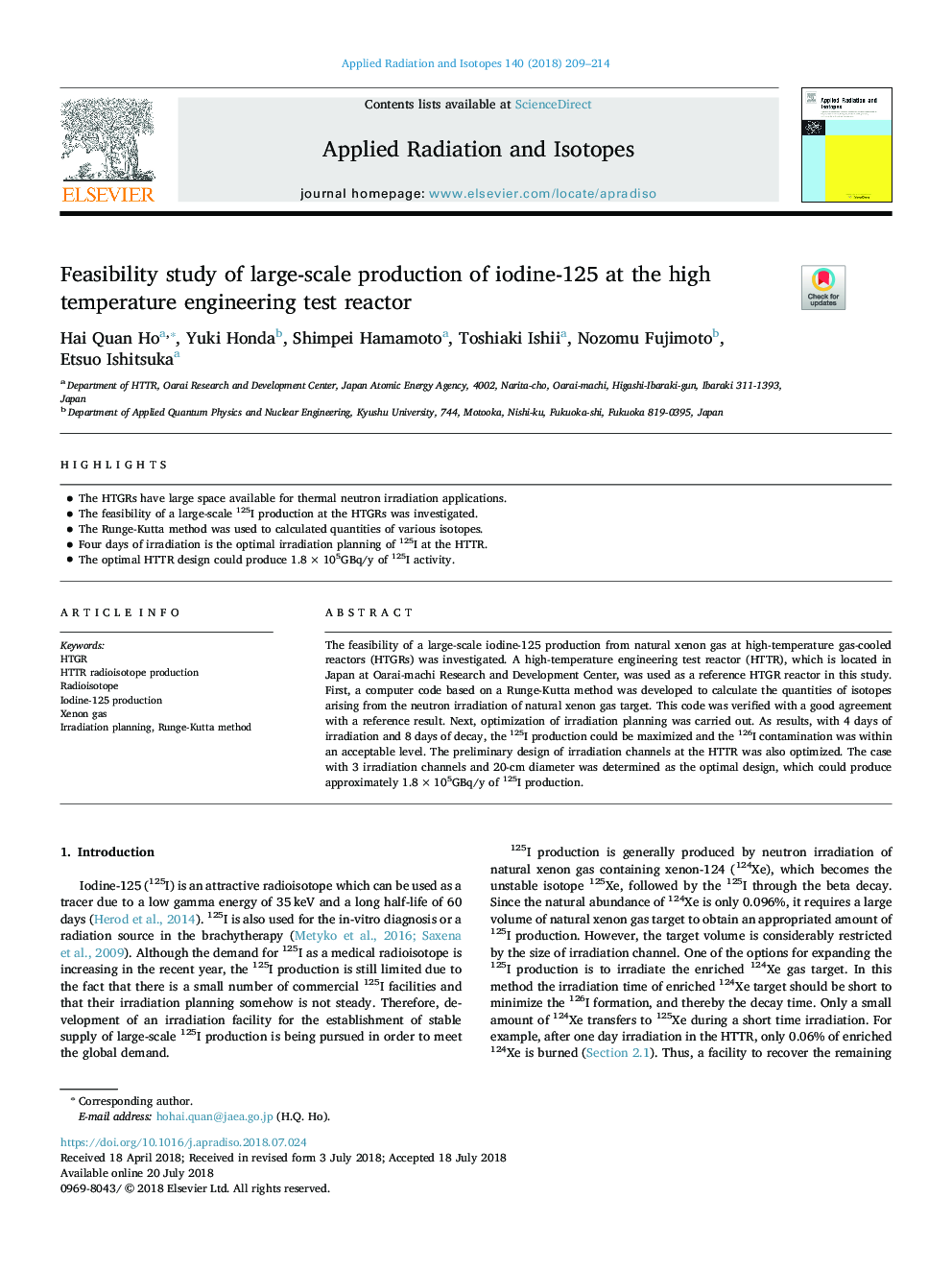 Feasibility study of large-scale production of iodine-125 at the high temperature engineering test reactor