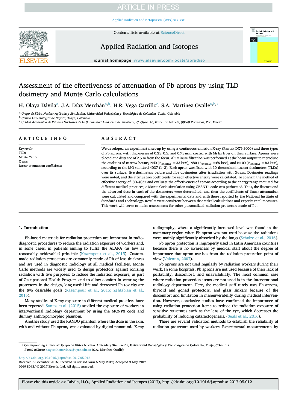 Assessment of the effectiveness of attenuation of Pb aprons by using TLD dosimetry and Monte Carlo calculations