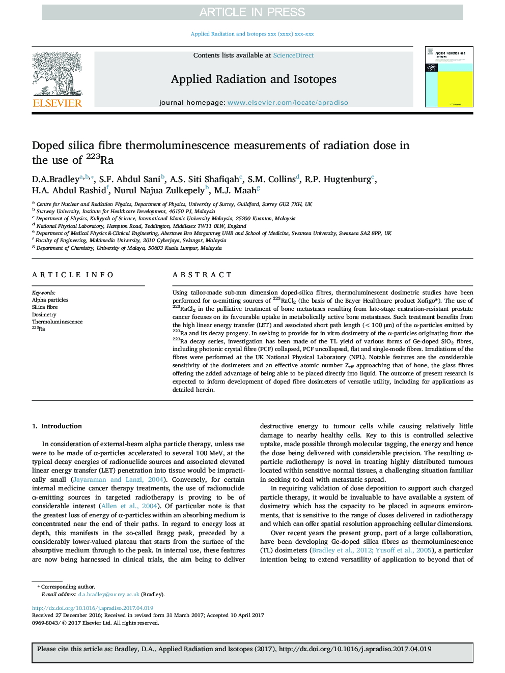 Doped silica fibre thermoluminescence measurements of radiation dose in the use of 223Ra