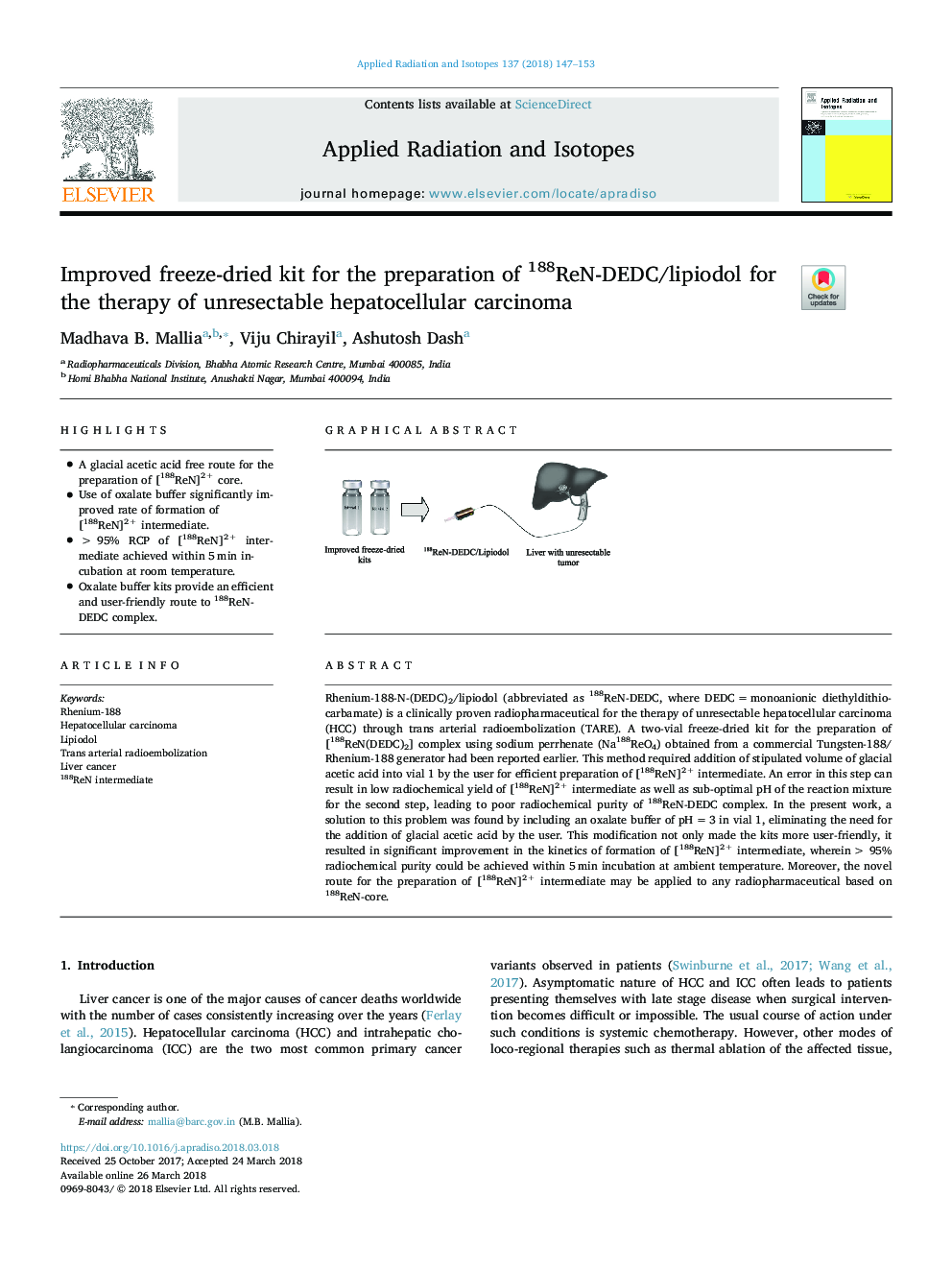 Improved freeze-dried kit for the preparation of 188ReN-DEDC/lipiodol for the therapy of unresectable hepatocellular carcinoma