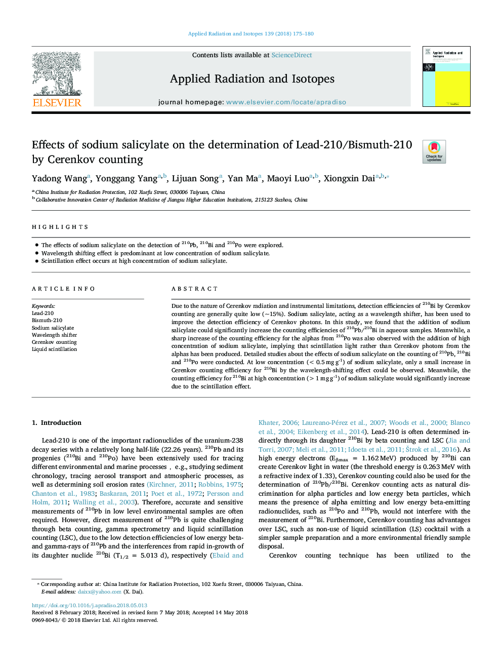 Effects of sodium salicylate on the determination of Lead-210/Bismuth-210 by Cerenkov counting