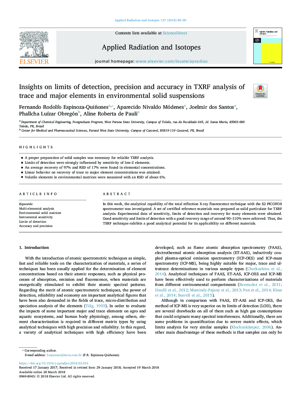 Insights on limits of detection, precision and accuracy in TXRF analysis of trace and major elements in environmental solid suspensions