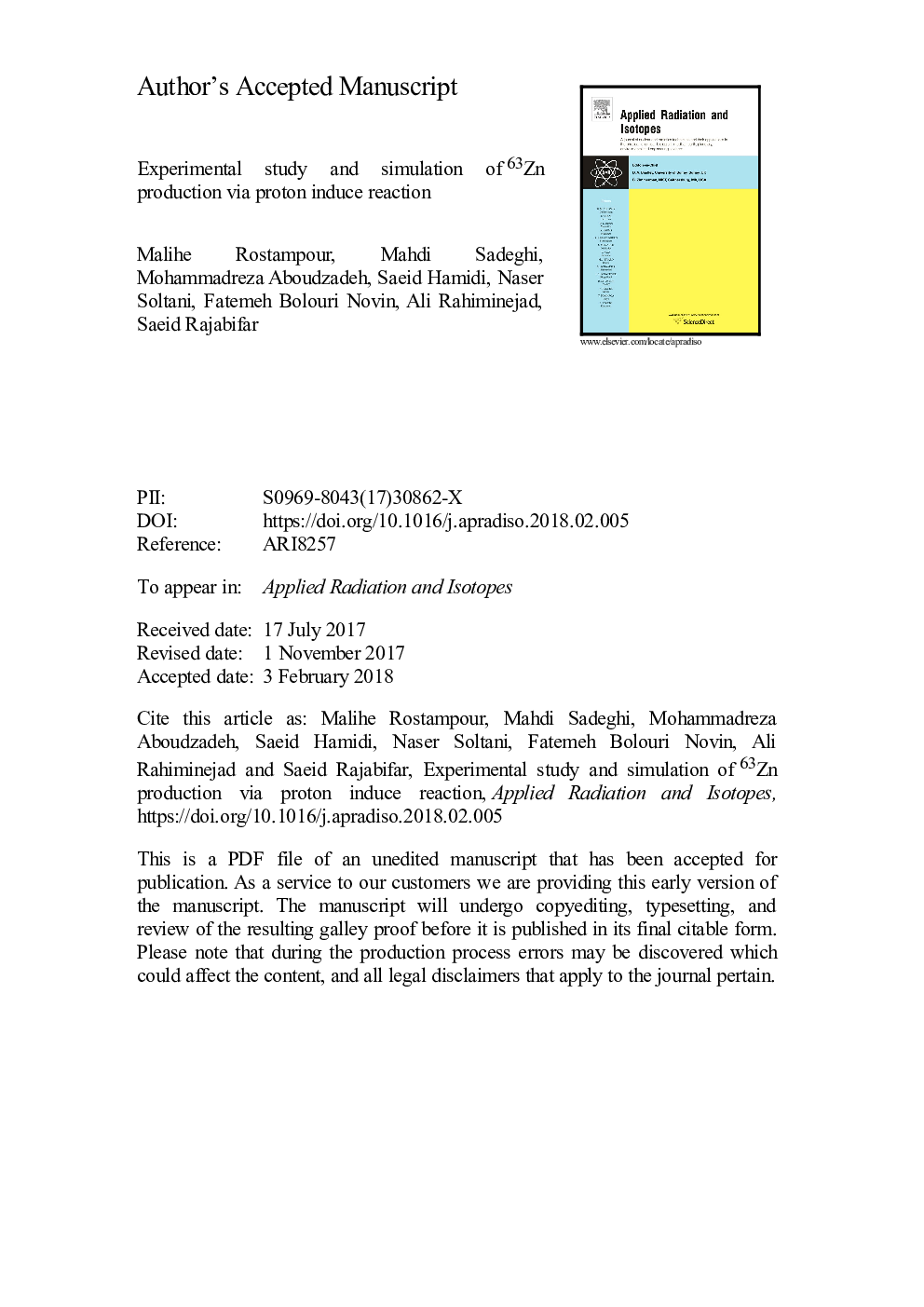 عکس صفحه اول مقاله: Experimental study and simulation of 63Zn production via proton induce reaction Experimental study and simulation of 63Zn production via proton induce reaction