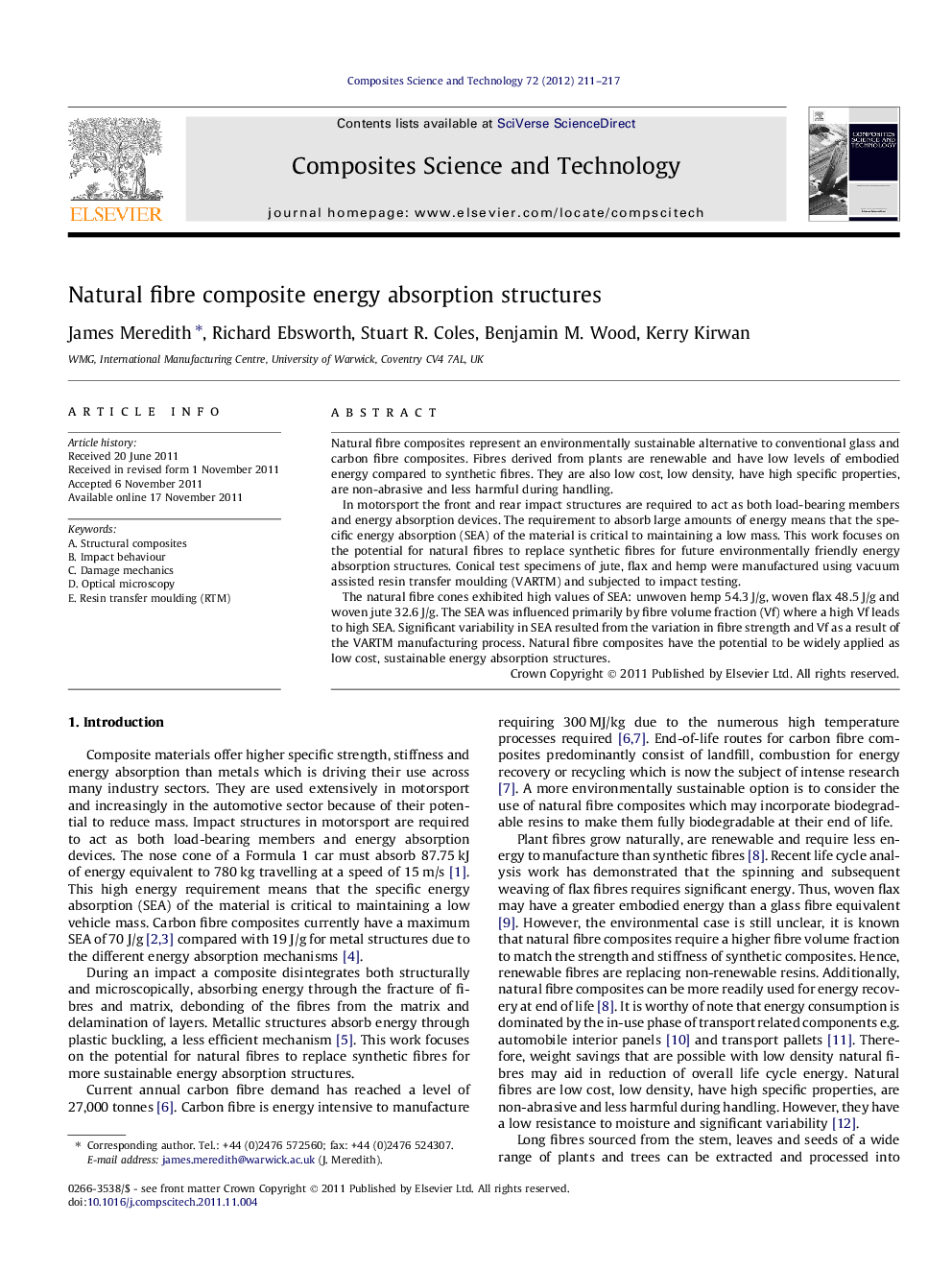 Natural fibre composite energy absorption structures