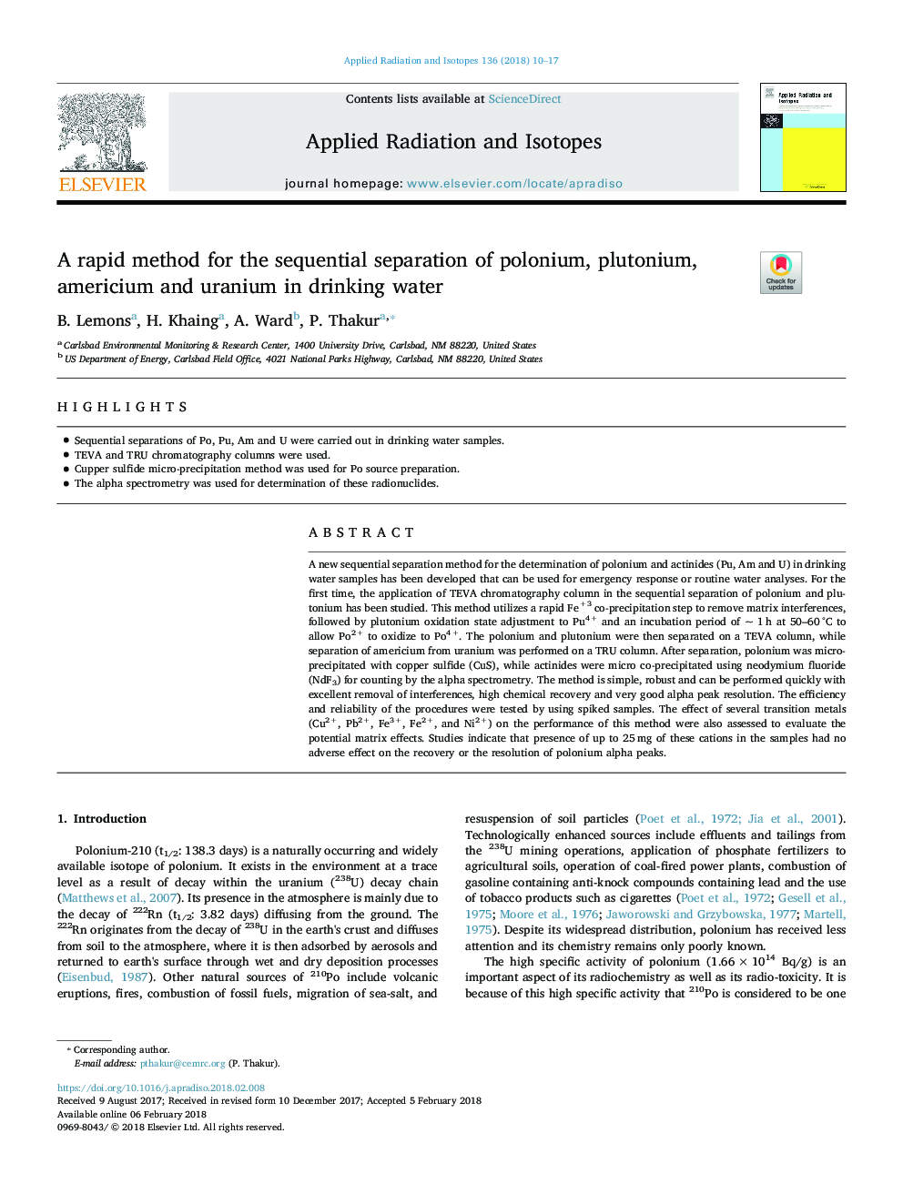 A rapid method for the sequential separation of polonium, plutonium, americium and uranium in drinking water