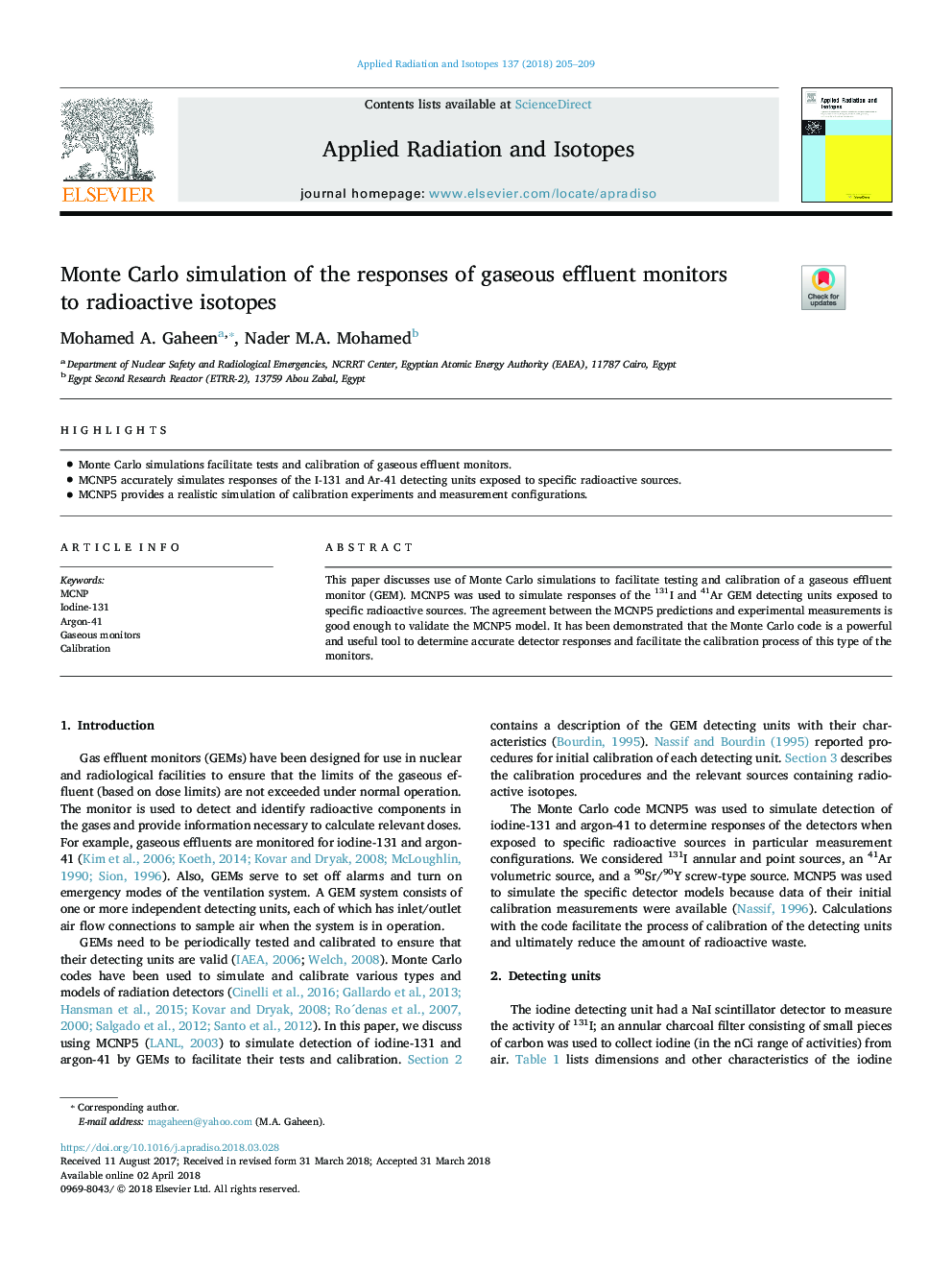 Monte Carlo simulation of the responses of gaseous effluent monitors to radioactive isotopes