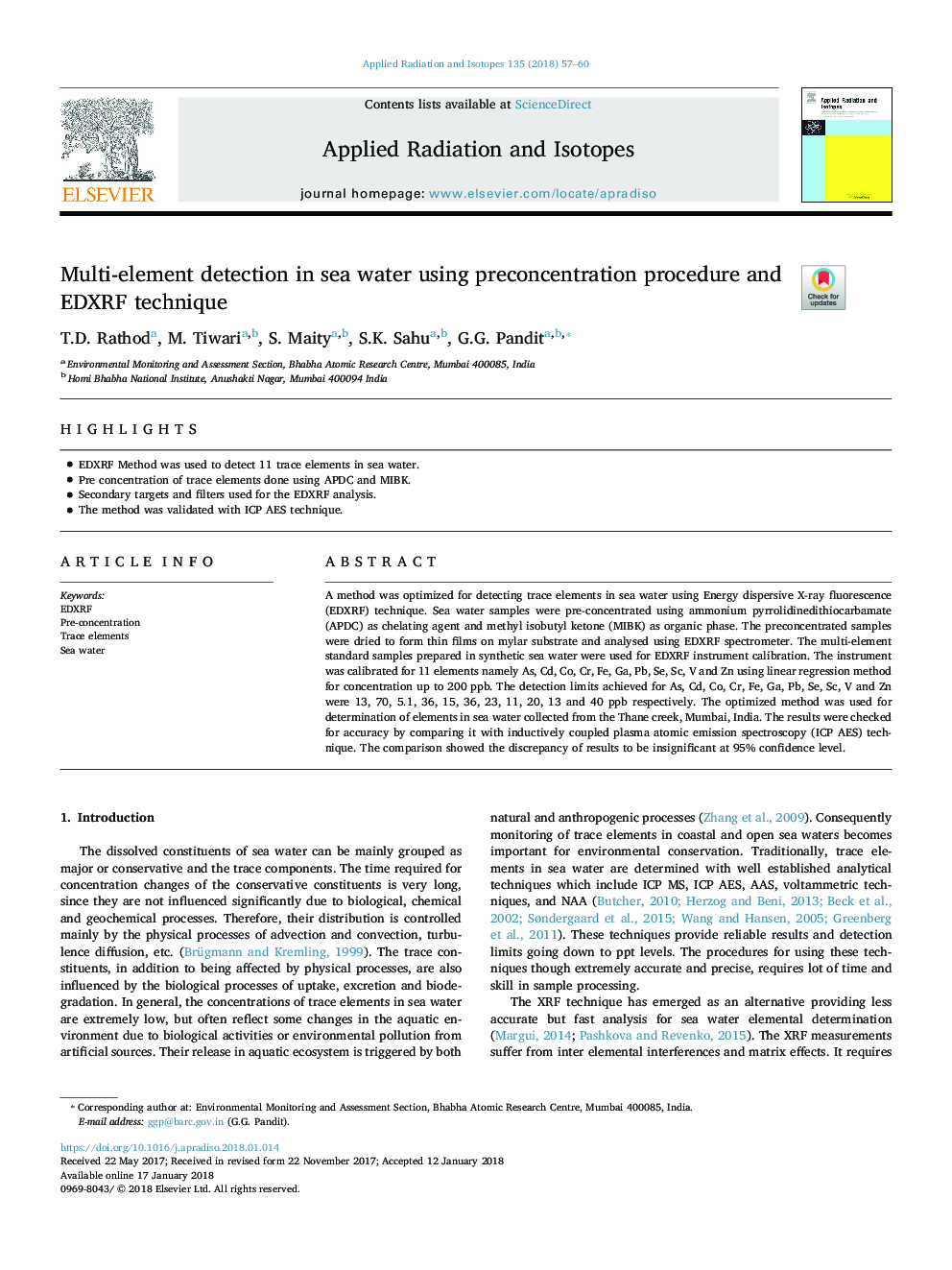 Multi-element detection in sea water using preconcentration procedure and EDXRF technique