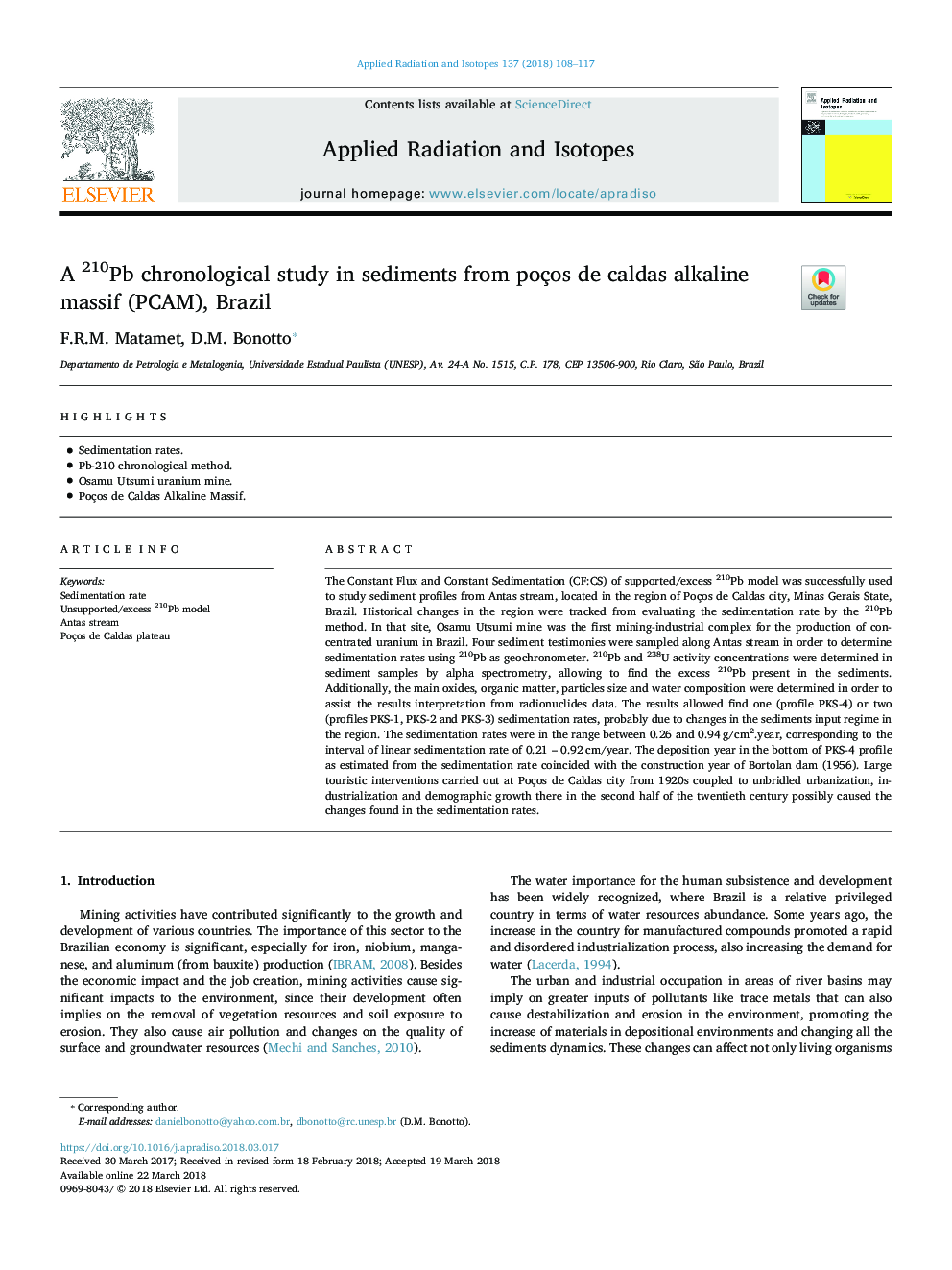 A 210Pb chronological study in sediments from poços de caldas alkaline massif (PCAM), Brazil