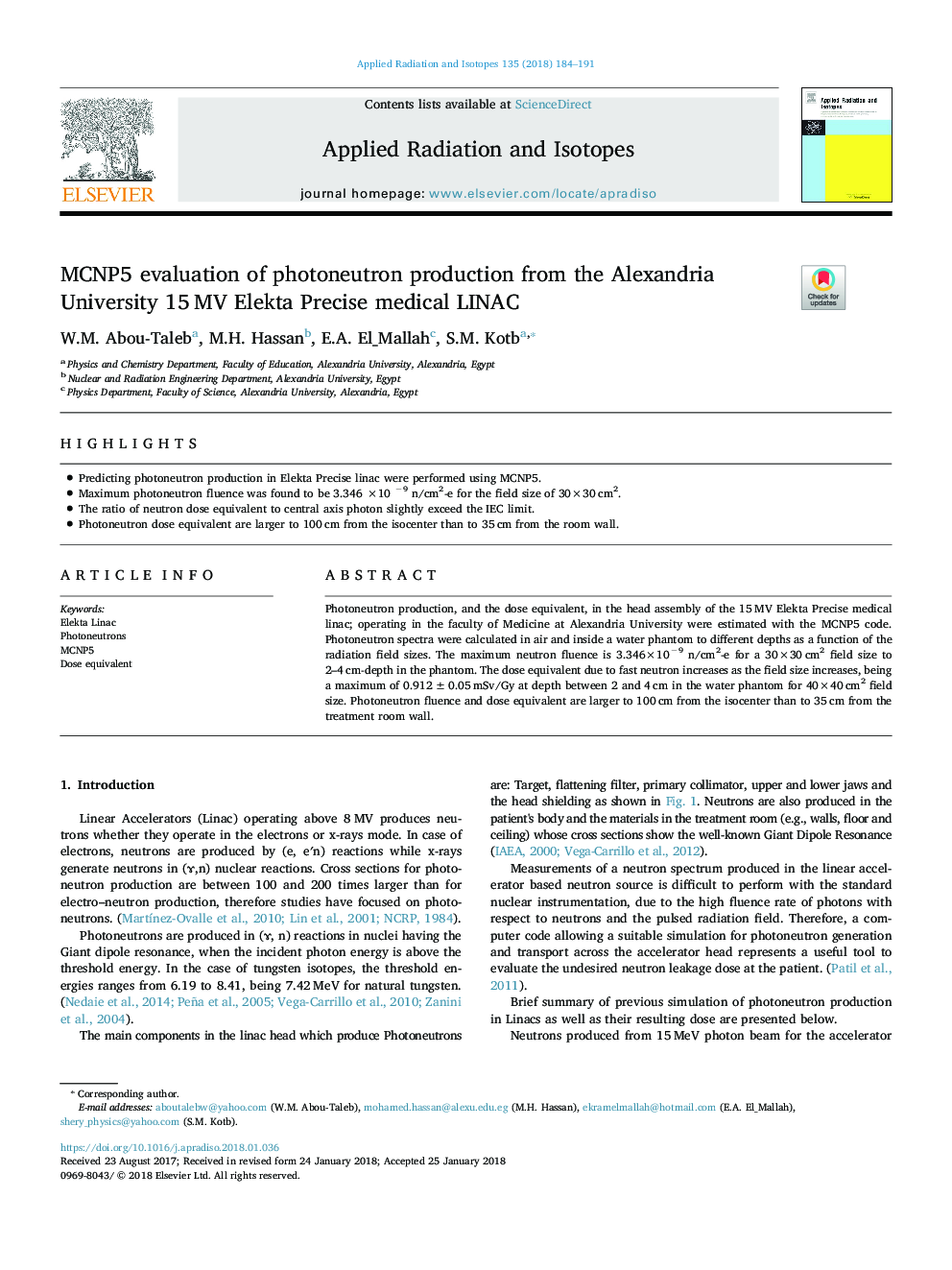 عکس صفحه اول مقاله: MCNP5 evaluation of photoneutron production from the Alexandria University 15â¯MV Elekta Precise medical LINAC MCNP5 evaluation of photoneutron production from the Alexandria University 15â¯MV Elekta Precise medical LINAC