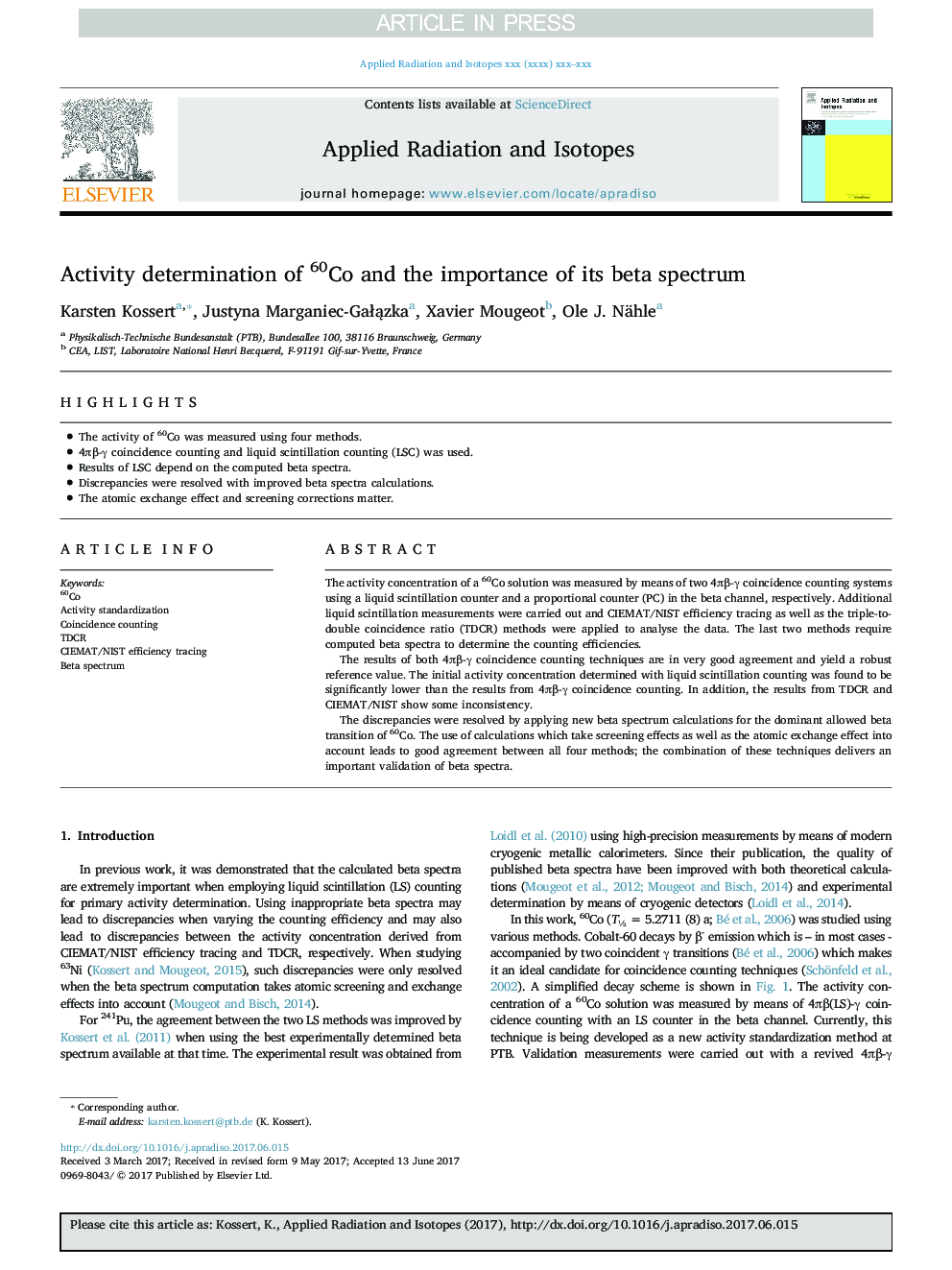 Activity determination of 60Co and the importance of its beta spectrum