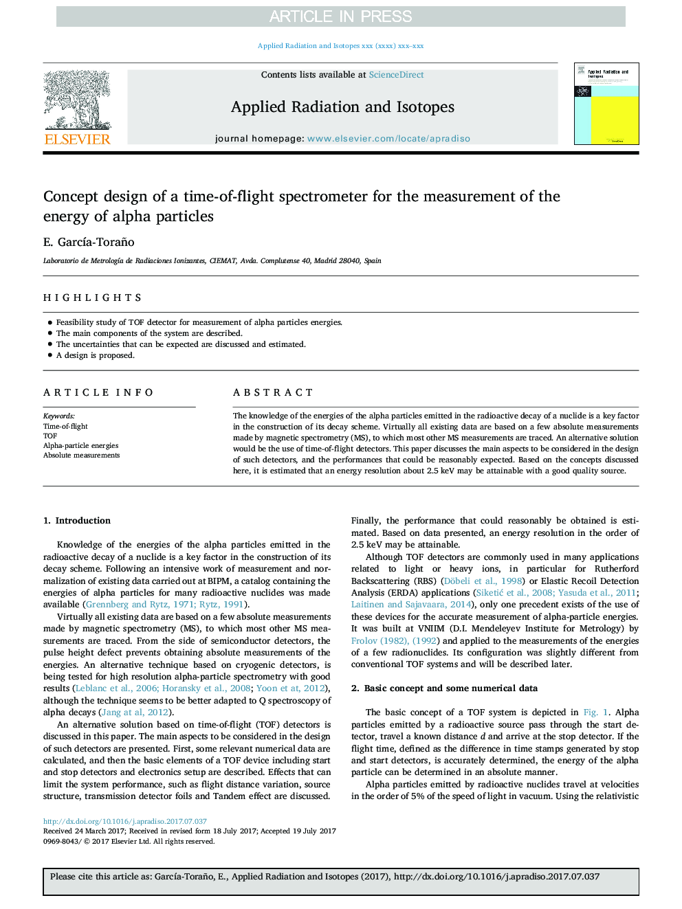 Concept design of a time-of-flight spectrometer for the measurement of the energy of alpha particles