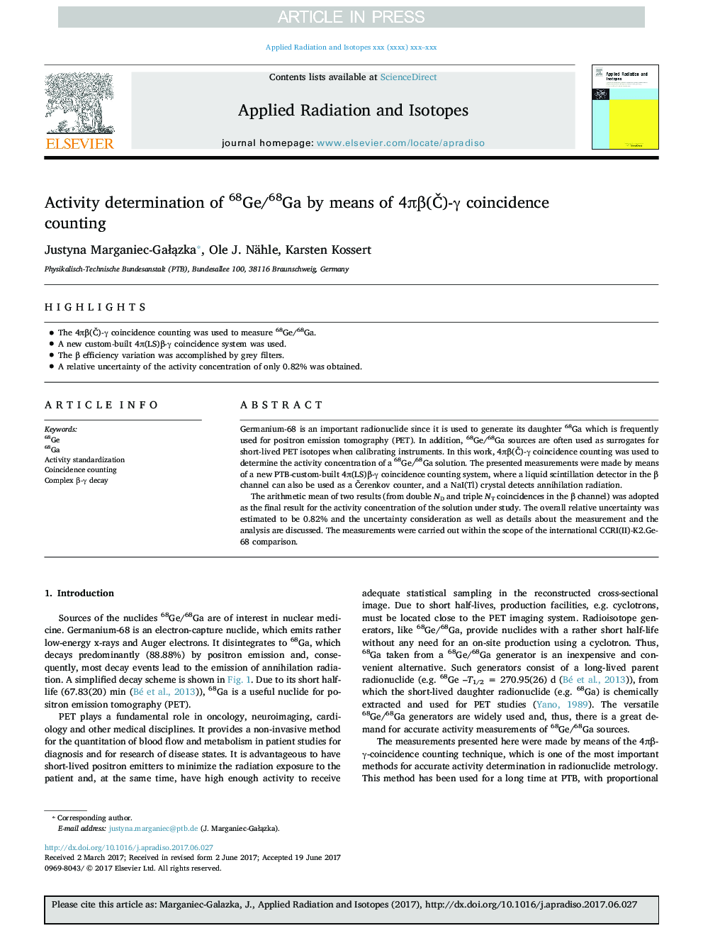 Activity determination of 68Ge/68Ga by means of 4ÏÎ²(Ä)-Î³ coincidence counting