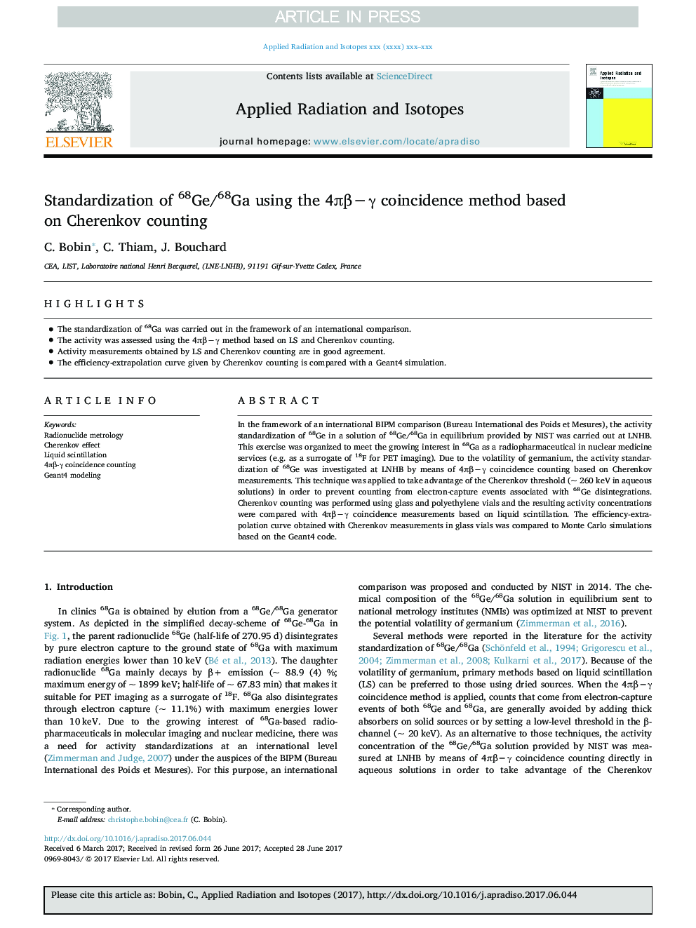 عکس صفحه اول مقاله: Standardization of 68Ge/68Ga using the 4Ïβâγ coincidence method based on Cherenkov counting Standardization of 68Ge/68Ga using the 4Ïβâγ coincidence method based on Cherenkov counting