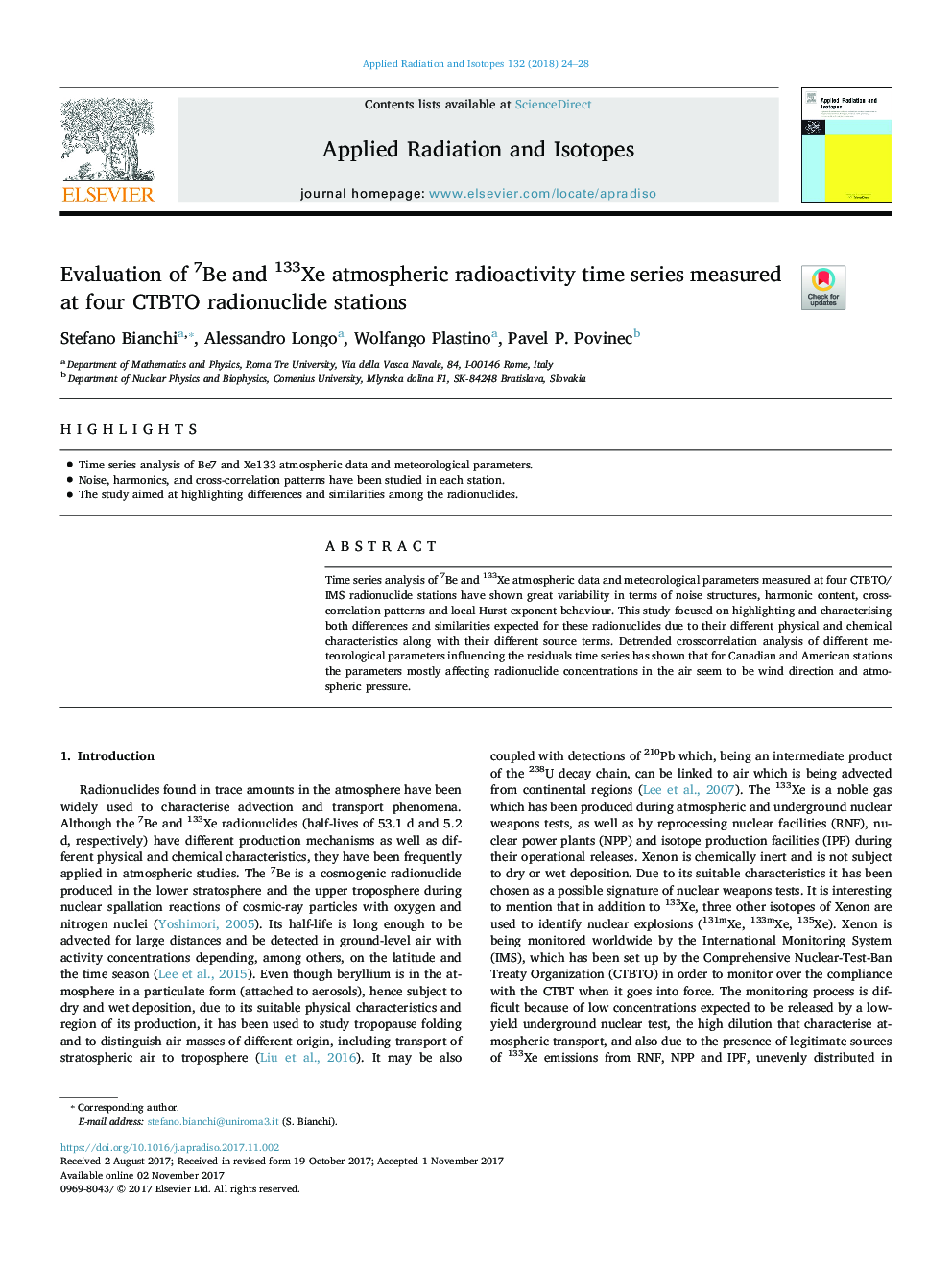 Evaluation of 7Be and 133Xe atmospheric radioactivity time series measured at four CTBTO radionuclide stations