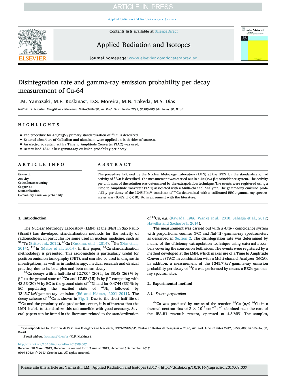 Disintegration rate and gamma-ray emission probability per decay measurement of Cu-64