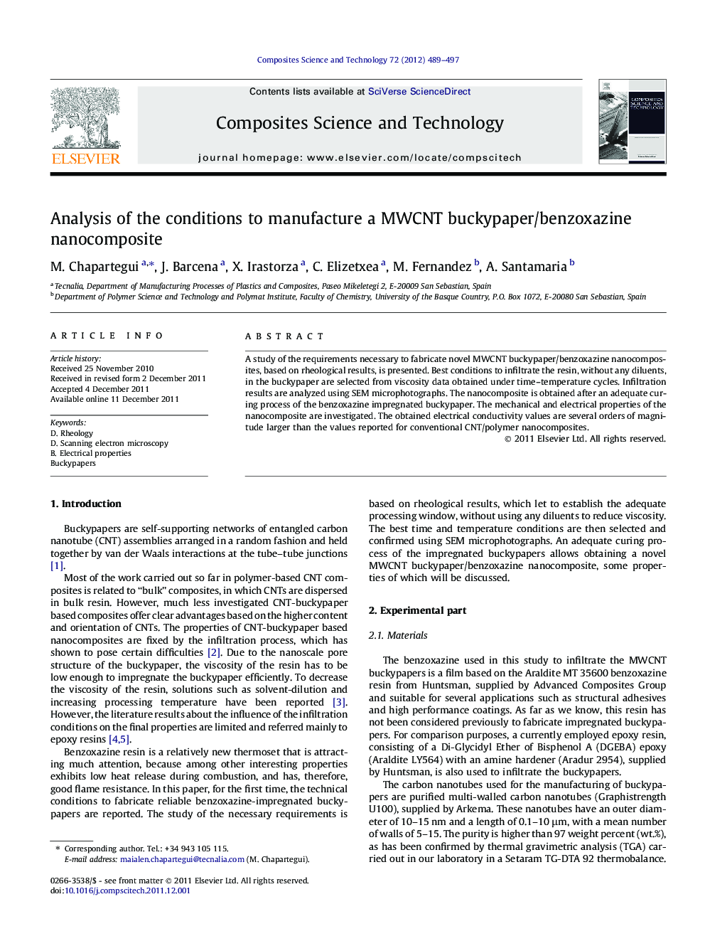 Analysis of the conditions to manufacture a MWCNT buckypaper/benzoxazine nanocomposite