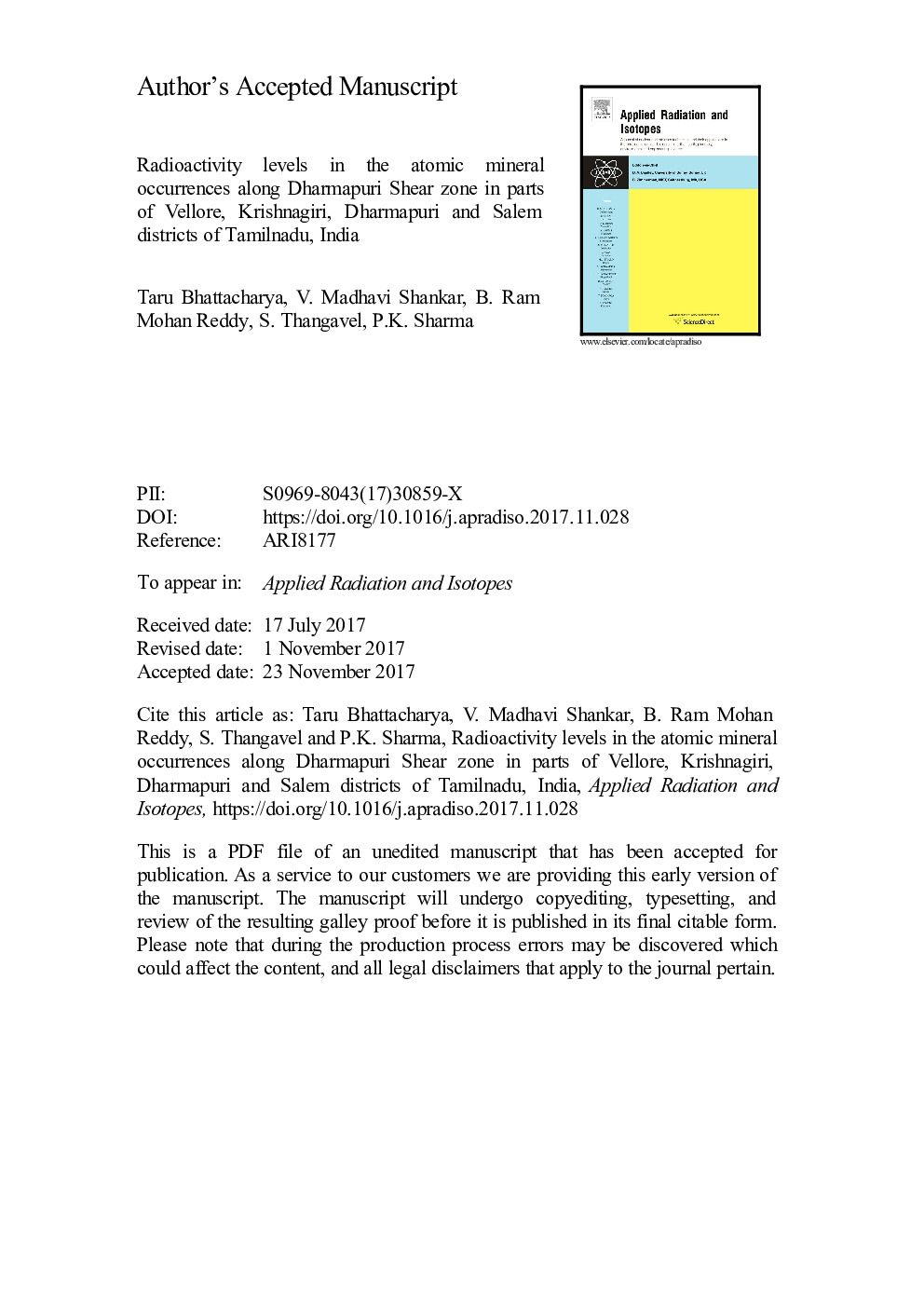 Radioactivity levels in the atomic mineral occurrences along Dharmapuri Shear zone in parts of Vellore, Krishnagiri, Dharmapuri and Salem districts of Tamil Nadu, India