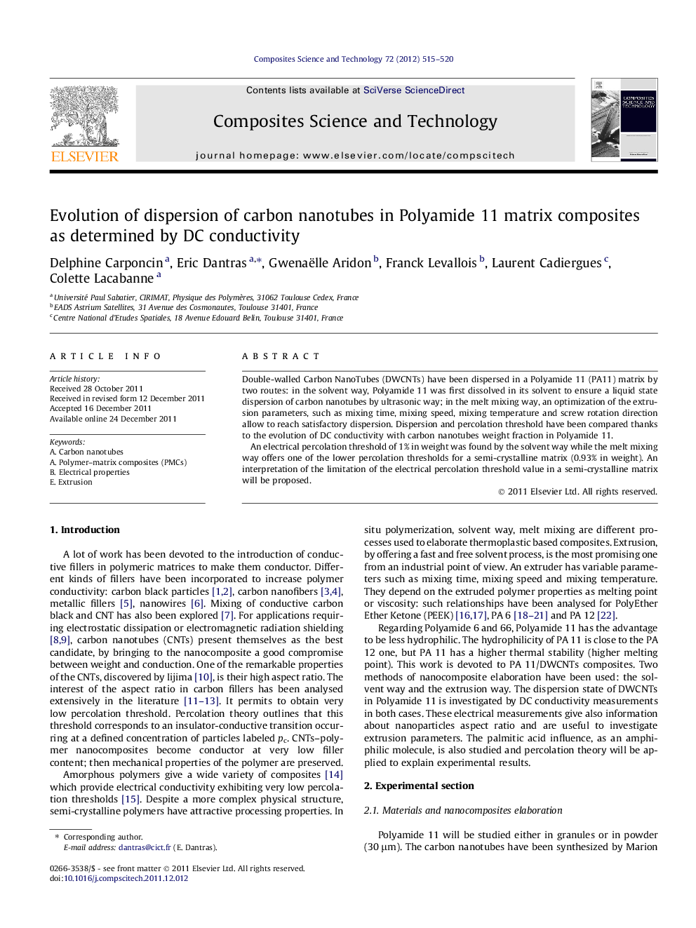 Evolution of dispersion of carbon nanotubes in Polyamide 11 matrix composites as determined by DC conductivity