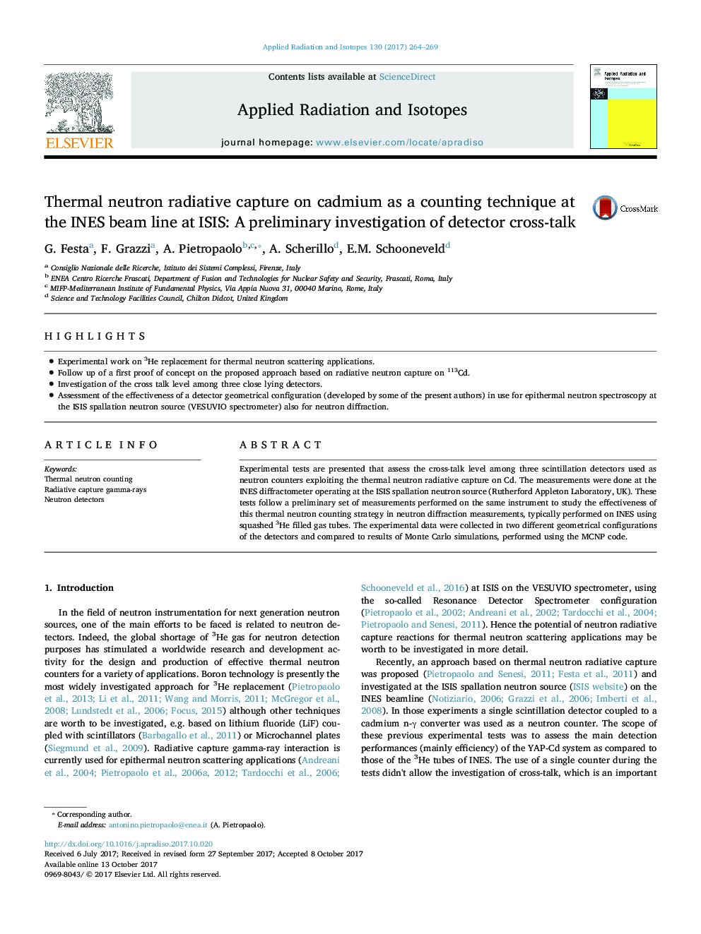 Thermal neutron radiative capture on cadmium as a counting technique at the INES beam line at ISIS: A preliminary investigation of detector cross-talk