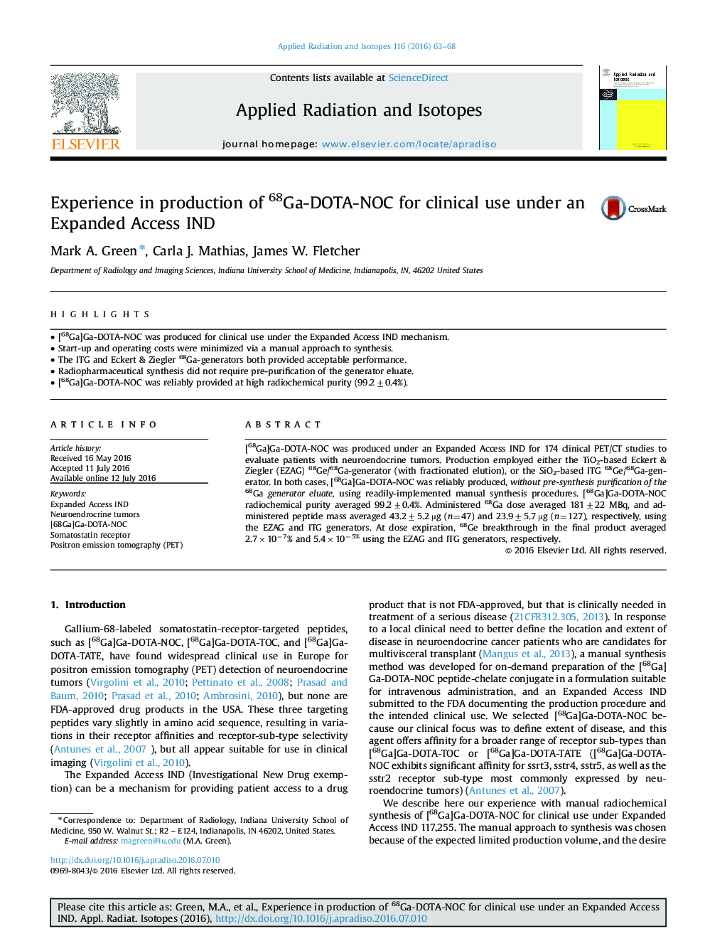 Experience in production of 68Ga-DOTA-NOC for clinical use under an Expanded Access IND