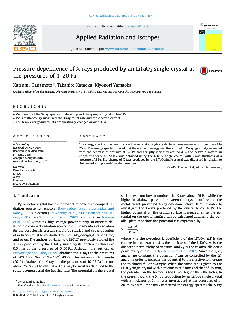 Pressure dependence of X-rays produced by an LiTaO3 single crystal at the pressures of 1-20Â Pa