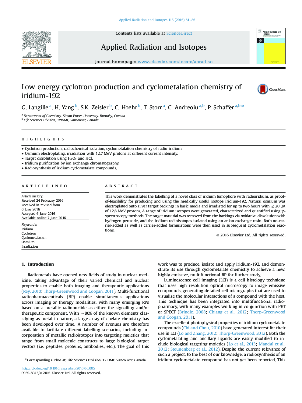 Low energy cyclotron production and cyclometalation chemistry of iridium-192