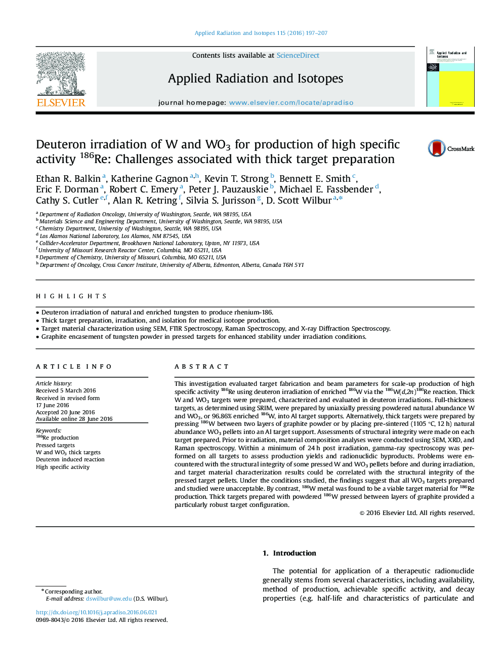 Deuteron irradiation of W and WO3 for production of high specific activity 186Re: Challenges associated with thick target preparation