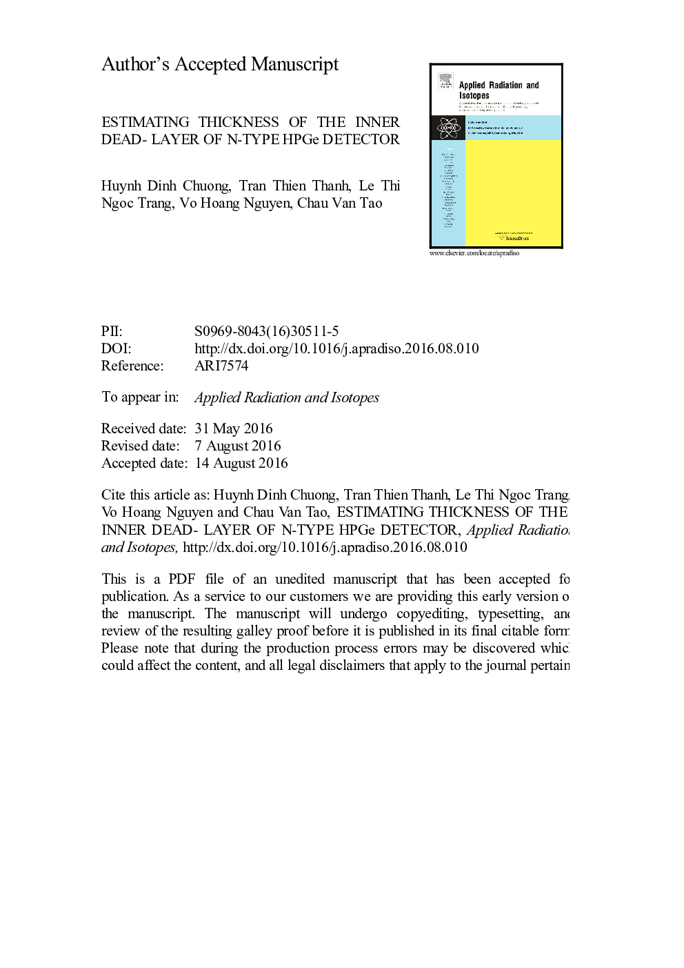 عکس صفحه اول مقاله: Estimating thickness of the inner dead-layer of n-type HPGe detector Estimating thickness of the inner dead-layer of n-type HPGe detector