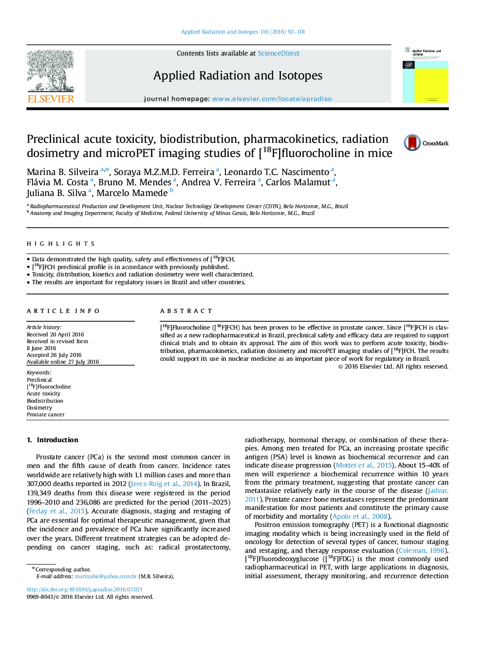 Preclinical acute toxicity, biodistribution, pharmacokinetics, radiation dosimetry and microPET imaging studies of [18F]fluorocholine in mice