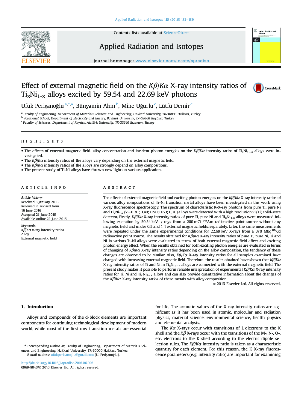 Effect of external magnetic field on the KÎ²/KÎ± X-ray intensity ratios of TixNi1-x alloys excited by 59.54 and 22.69Â keV photons