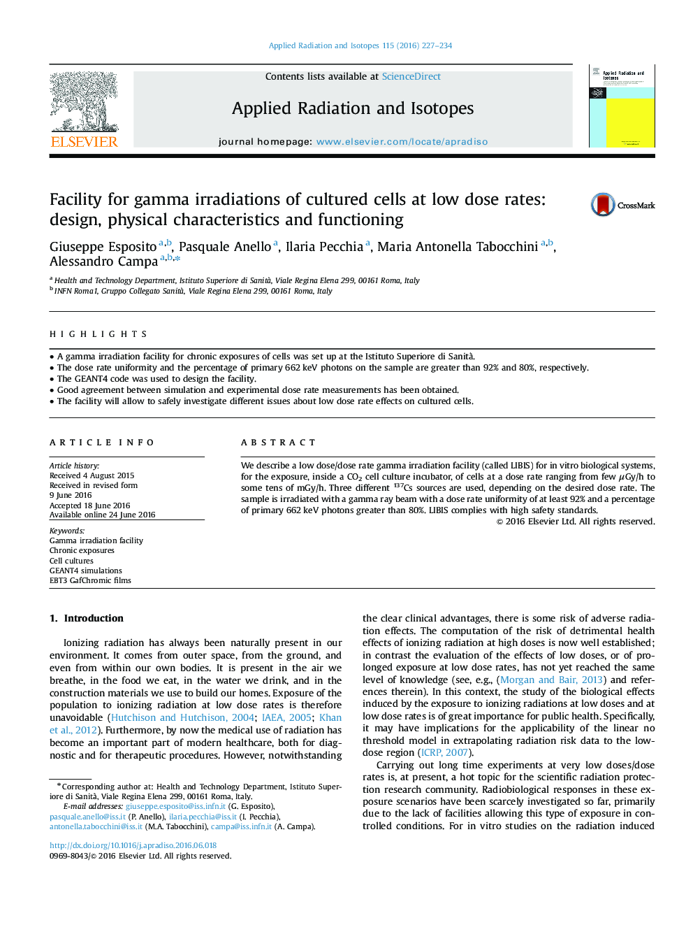 Facility for gamma irradiations of cultured cells at low dose rates: design, physical characteristics and functioning