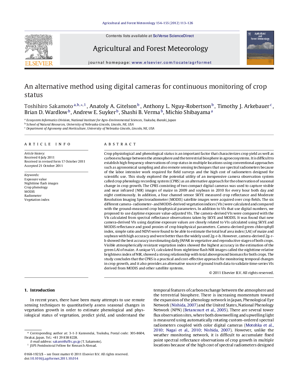 An alternative method using digital cameras for continuous monitoring of crop status