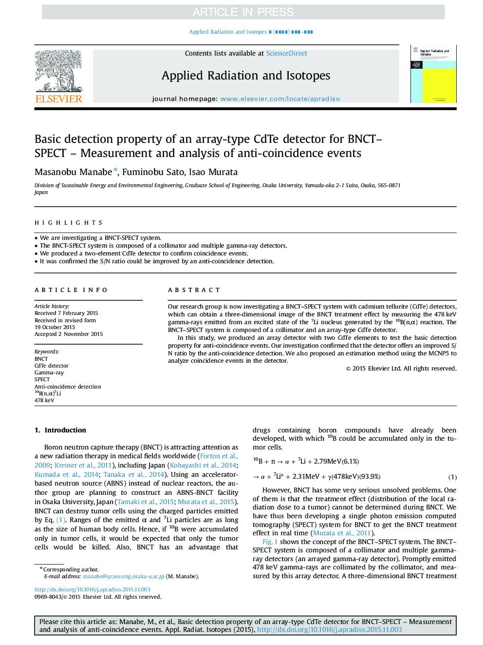 Basic detection property of an array-type CdTe detector for BNCT-SPECT - Measurement and analysis of anti-coincidence events