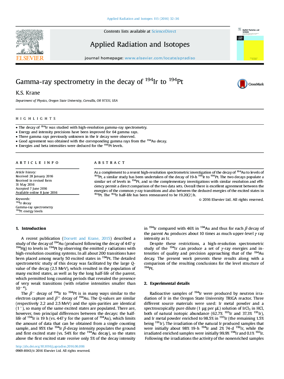 Gamma-ray spectrometry in the decay of 194Ir to 194Pt