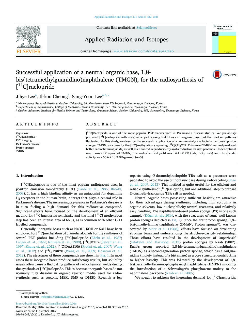 Successful application of a neutral organic base, 1,8-bis(tetramethylguanidino)naphthalene (TMGN), for the radiosynthesis of [11C]raclopride